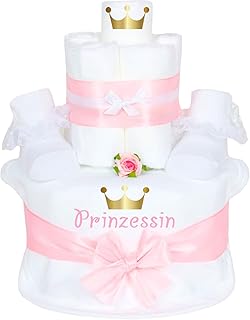Trend Mama Windeltorte im Geschenkkarton- Mädchen- Babysocken + hochwertig bedrucktes Lätzchen mit Prinzessin goldene Krone