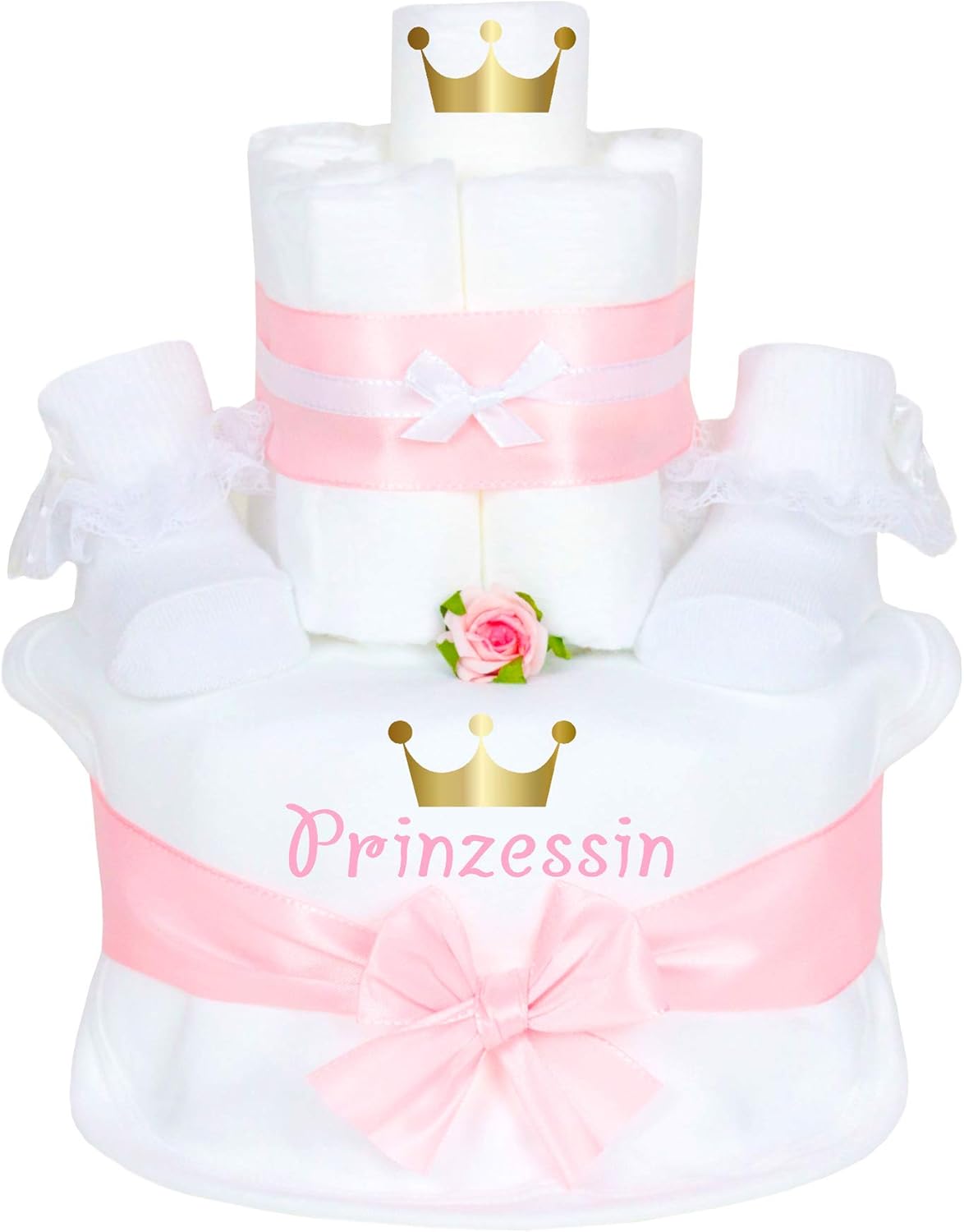 Trend Mama Windeltorte im Geschenkkarton- Mädchen- Babysocken + hochwertig bedrucktes Lätzchen mit Prinzessin goldene Krone