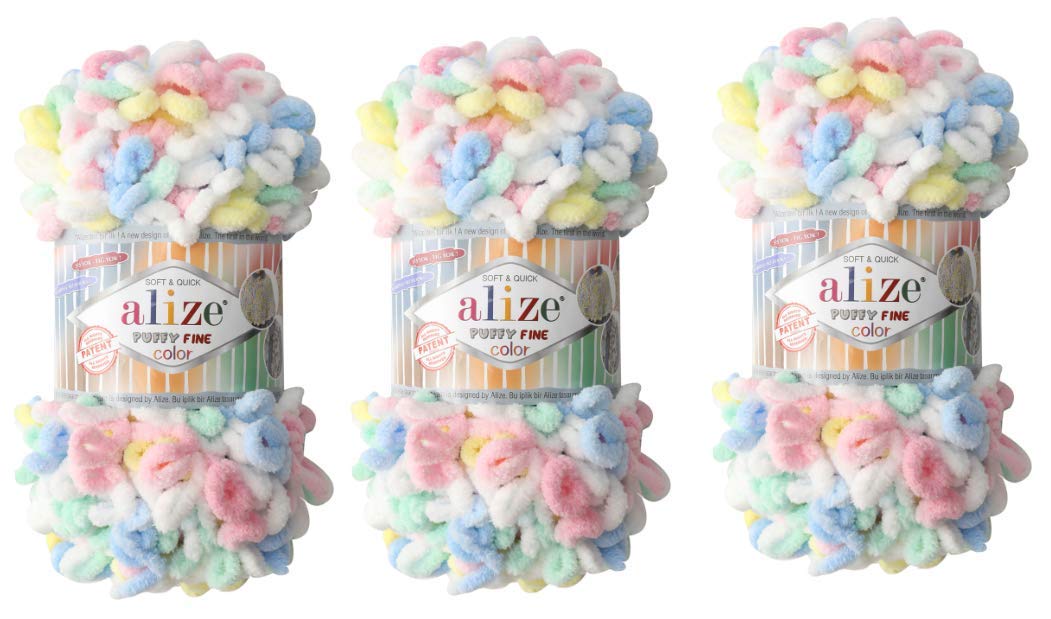 Alize Puffy Fine Color Baby Blanket Yarn Lot of 3skn 300gr 48yds 100% Micropolyester Soft Yarn Hand Knitting Yarn Super Chunky Bulky Woven Worested Yarn (5949)