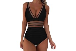 YHIWU One Piece Swimsuit Women,Womens Sexy V Neck Mesh One Piece Bathing Suit Halter Push Up Tummy Control Swimsuit Swimwear