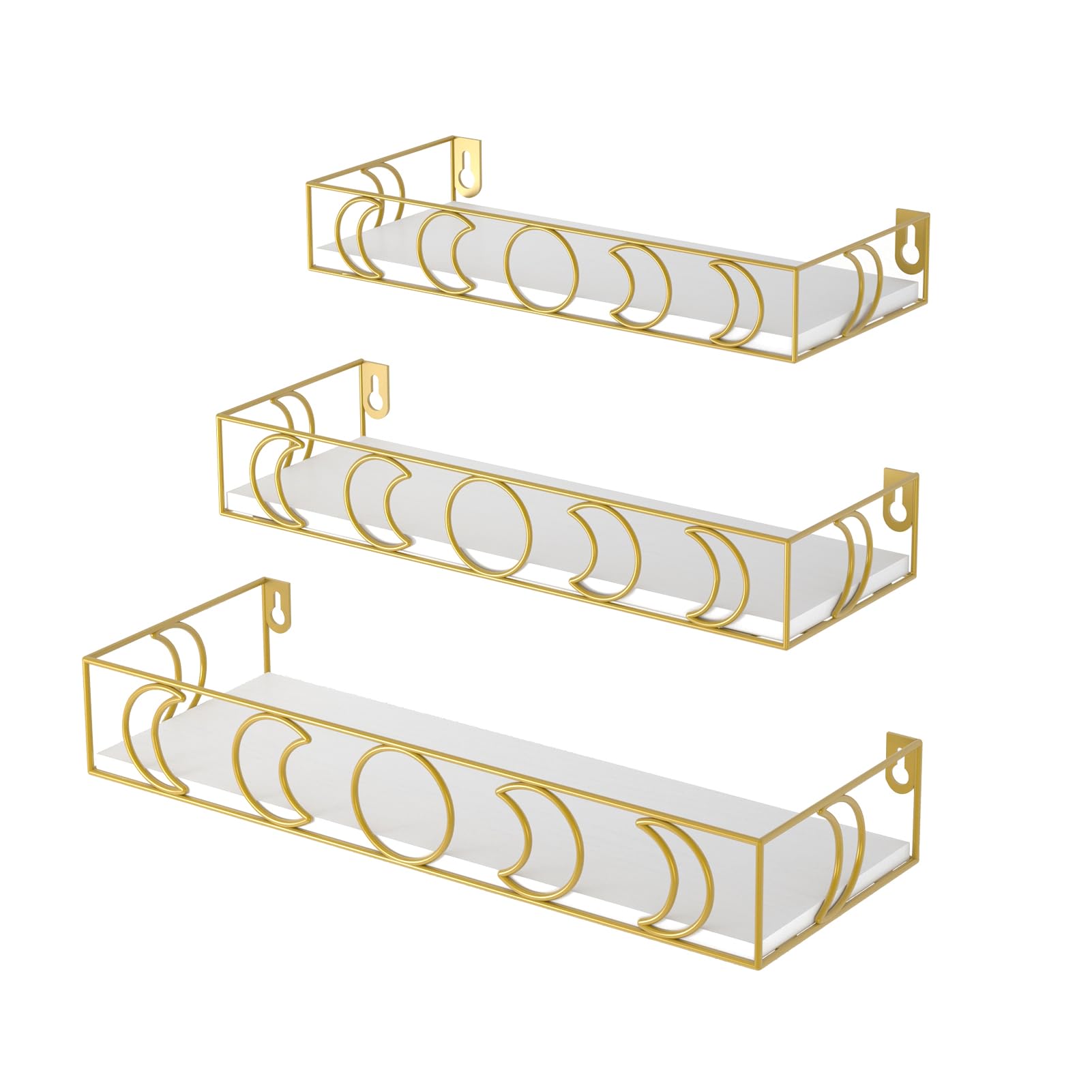 Photo 1 of PHAREGE Moon Phase Floating Shelves White Gold, Set of 3 Small Decorative Wall Shelves for Book Plant Storage, Crystal Figurine Collectibles Display Shelf for Bedroom Kid Room