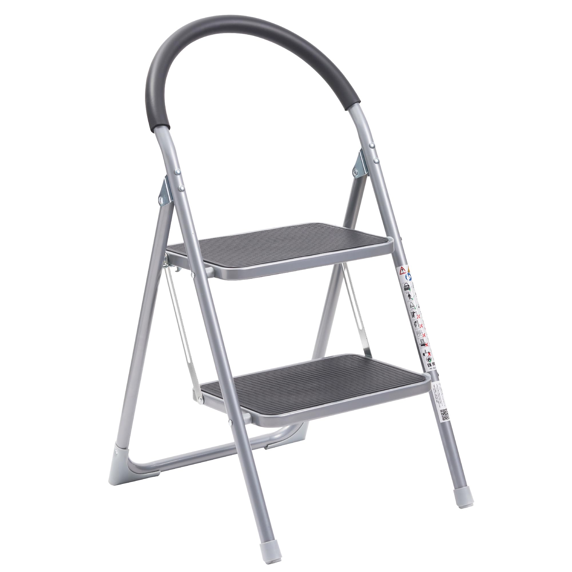 OurHouse 2 Wide Tread Steel Step Ladder, Indoor Use with Non-Slip Feet, Foldaway 2 Step Ladder, 150kg Max Weight, Strong and Sturdy, Folding Ladder for Household Use, 91cm Height Lightweight