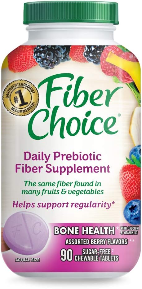 Fiber Choice Bone Health* Daily Prebiotic Fiber Chewable Tablets, Excellent Source of Fiber, Calcium & Vitamin D3*, Sugar-Free, #1 Gastroenterologist Recommendedⱡ, Helps Support Regularity*, 90 Count Assorted Berry: Health & Personal Care