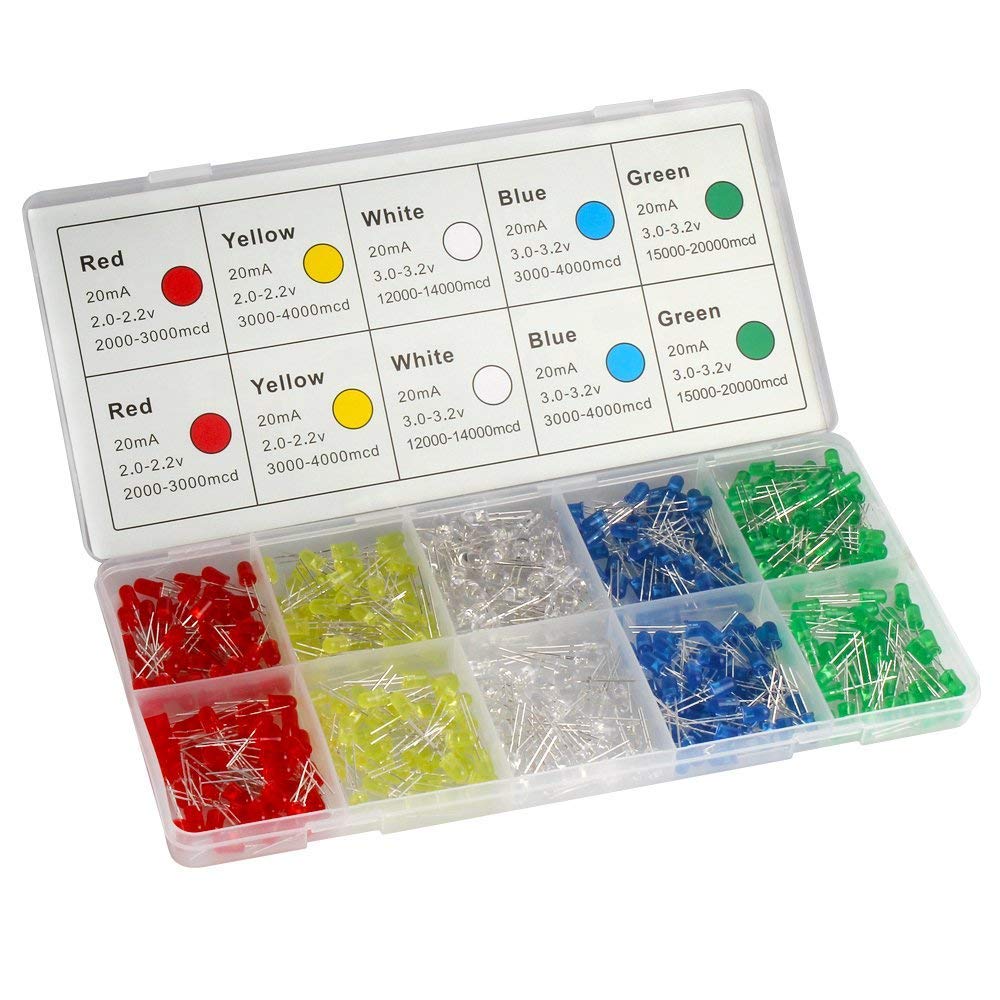 DiCUNO 450pcs(5 Colors x 90pcs) 5mm LED Light Emitting Diode Round Assorted Color White/Red/Yellow/Green/Blue Kit Box