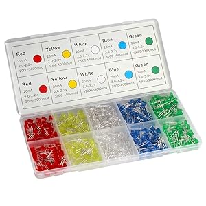 DiCUNO 450pcs(5 Colors x 90pcs) 5mm LED Light Emitting Diode Round Assorted Color White/Red/Yellow/Green/Blue Kit Box