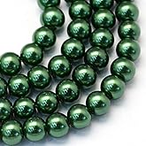 KISSITTY 105pcs/strand Dark Green Satin Luster Glass Round Pearl Beads 8mm for DIY Jewelry Craft Making 31.4"
