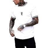 SOLY HUX Men's Crown Letter Print Striped Trim Tee Tops Short Sleeve Crew Neck Summer T Shirt