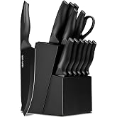 LINHAO 14-Piece Black Kitchen Knife Block Set with Built-In Sharpener | German high-carbon stainless steel blades, dishwasher safe, ultra-sharp edges, ergonomic non-slip handles