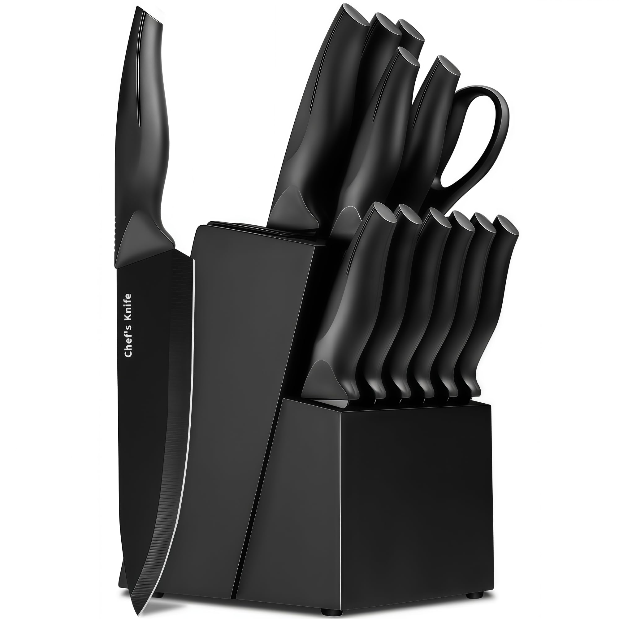 LINHAO 14-Piece Black Kitchen Knife Block Set with Built-In Sharpener | German high-carbon stainless steel blades, dishwasher