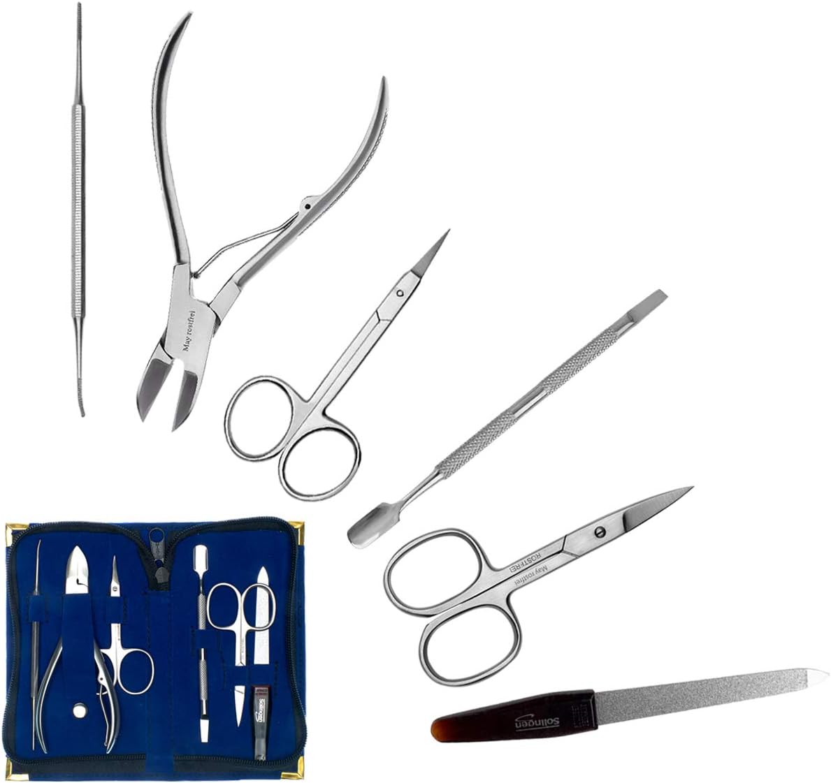 6 Pieces Manicure & Pedicure Case - Made of blue velvet - Stainless Steel