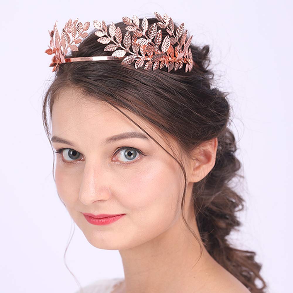 Anglacesmade Bridal Headband Leaf Vine Headband Gold Leaf Crown Leaf Tiara Wedding Headpiece Bridesmaid Prom Festival Hair Accessories for Women and Girls(Rose gold)