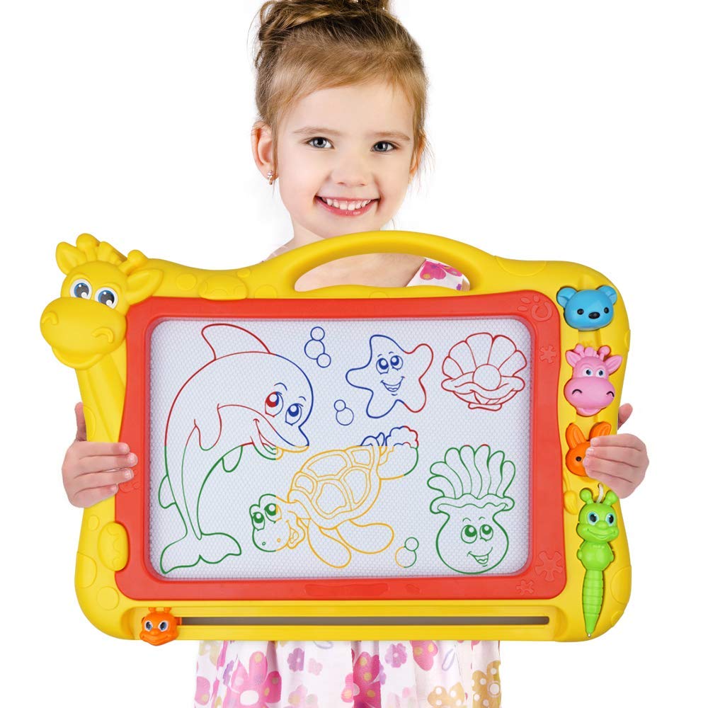 Merryxgift Magnetisches Zeichenbrett, Große (43 x 30 x 5 cm) Kinder Zaubertafel Doodle Board Pad Bunt Zeichenbrett mit 3 Magnetische Stempel für Kinder 3 4 5 6 7 Jahre Alt