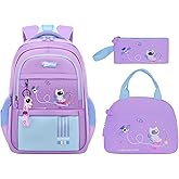 MITOWERMI 3pcs Girls Backpack with Lunch Box School Bags for Girls Lightweight Astronaut Kids Backpack Bookbags Sets for Elementary School Students, Purple