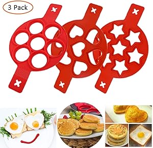 Silicone Pancake Mold Nonstick Egg Ring, Reusable Pancake Maker, Egg Maker, Egg Poacher, Egg Mold, 3 Pack (Red)