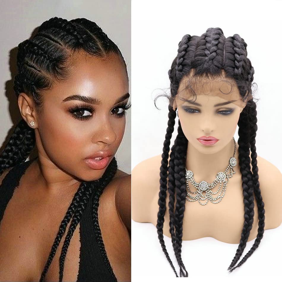 SERENEWIG Natural Black 5xBraided Synthetic Lace Wigs with Baby Hair Handmade Long Box Braided Synthetic Lace Front Wig for Black Women 26"