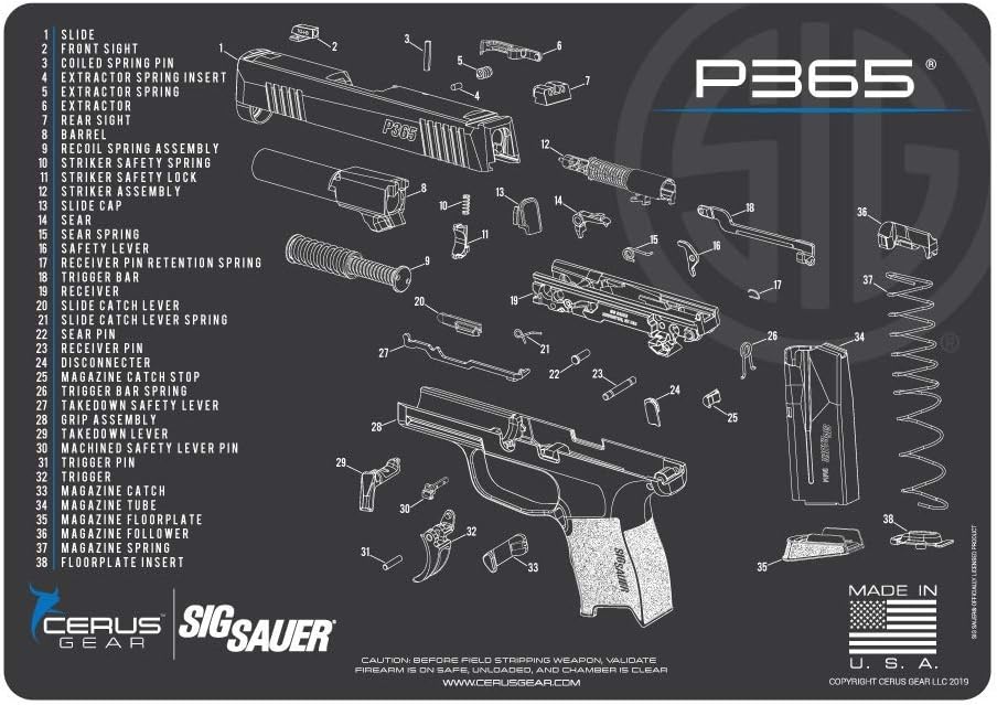 EDOG SIG P365 Cerus Gear Schematic (Exploded View) Heavy Duty Pistol Cleaning 12x17 Padded Gun-Work Surface Protector Mat Solvent & Oil Resistant