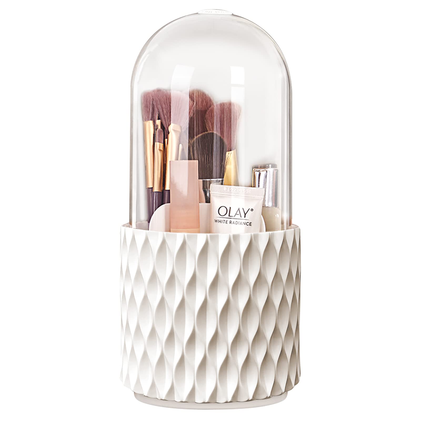 FIVAVA Makeup Brush Holder 360 Rotating Make up Organiser with Dustproof Lid,Spinning Cosmetic Organizer Storage Box for Lipstick Lip Gloss Eyeliner Bathroom（White） — image 1