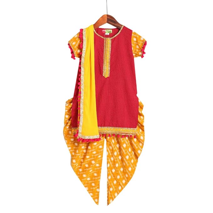 Kids Chakra By Hopscotch Girls Cotton Tie-Dye Dhoti And Kurta Sets In Yellow Color