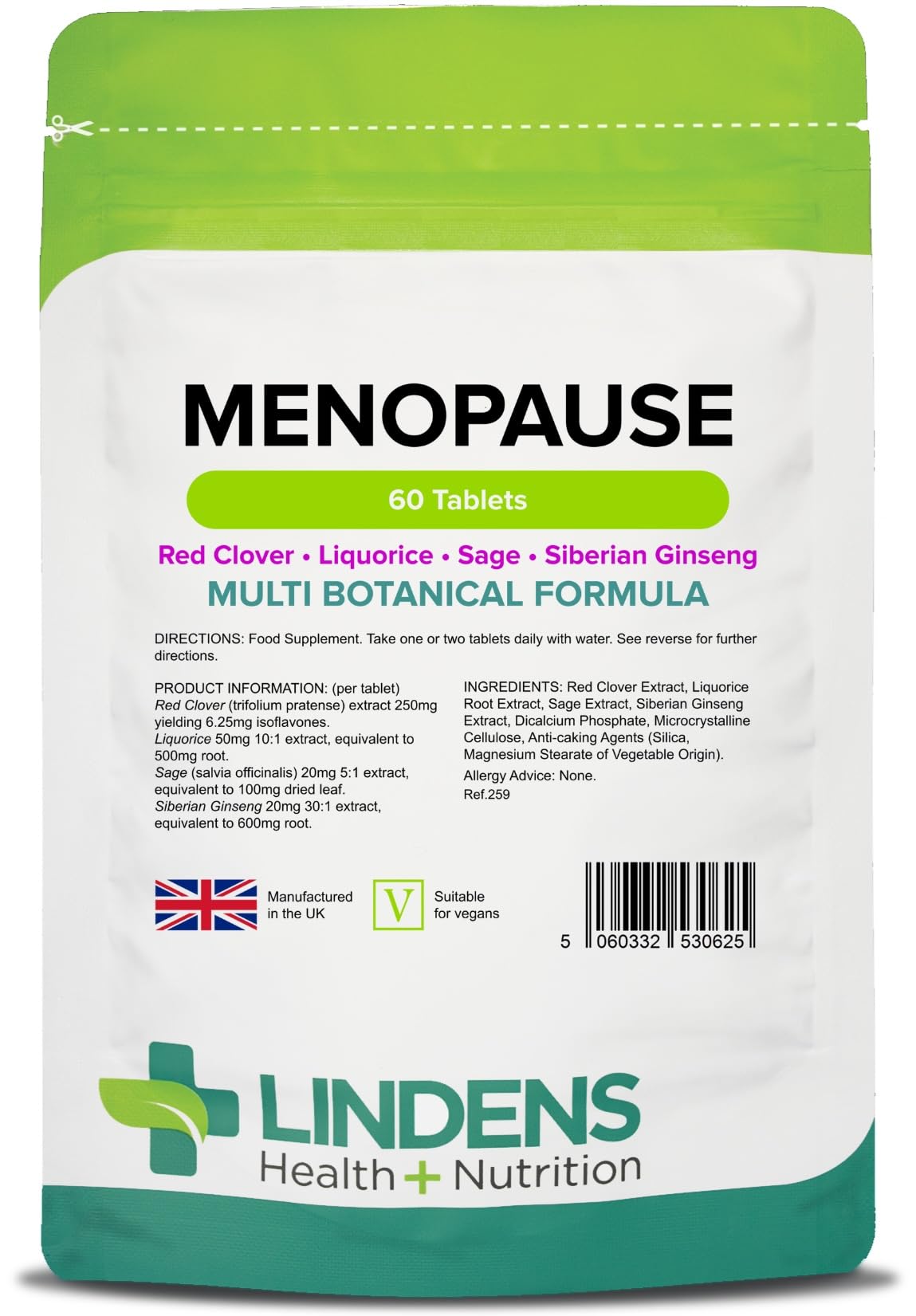 Lindens - Menopause 60 Tablets - UK Made - Multi Botanical Formula - Red Clover, Liquorice, Sage and Siberian Ginseng - Supports Wellbeing & Vitality, Letterbox Friendly - Vegan