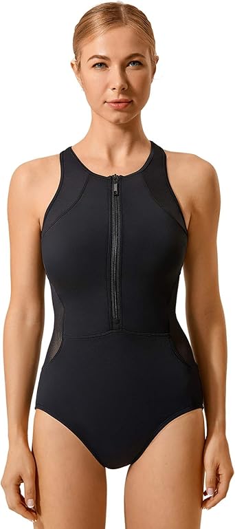 Syrokan Women S Athletic One Piece Swimsuit Front Zip Training Swimwear At Amazon Women S Clothing Store