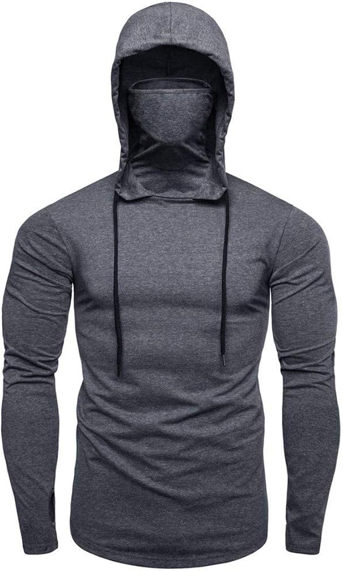 Mens Hoodie with Face Mask Turtleneck Compression Top Dry Baselayer