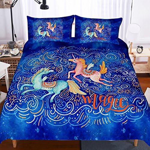 APJJQ Children Unicorn Bedding Set Twin Size,Pink Blue Unicorn Lovers Flying Over Clouds with Twikkle Stars 2 Piece 100% Microfiber Blue Kids Duvet Cover Set with 2 Pillow Shams,No Comforter