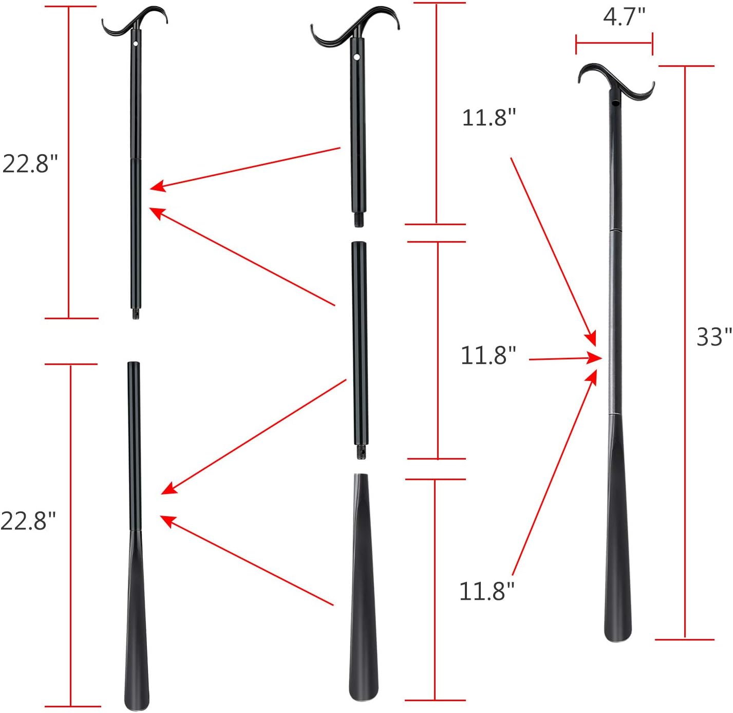 35" Long Dressing Stick with Shoe Horn with Sock Removal Tool, Adjustable Extended Dressing Aids for Shoes Socks, Shirts and Pants - Image 4