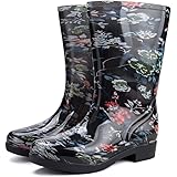 Rain Boots for Women Floral Print Mid Calf Slip on Water Shoes Outdoor Garden Waterproof Work Booties