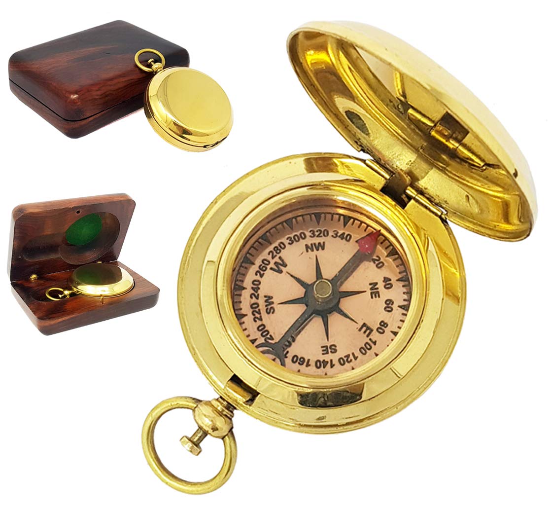 The New Antique Store Brass Compass - Epstein London - Pocket Compass with Hard Wood Box