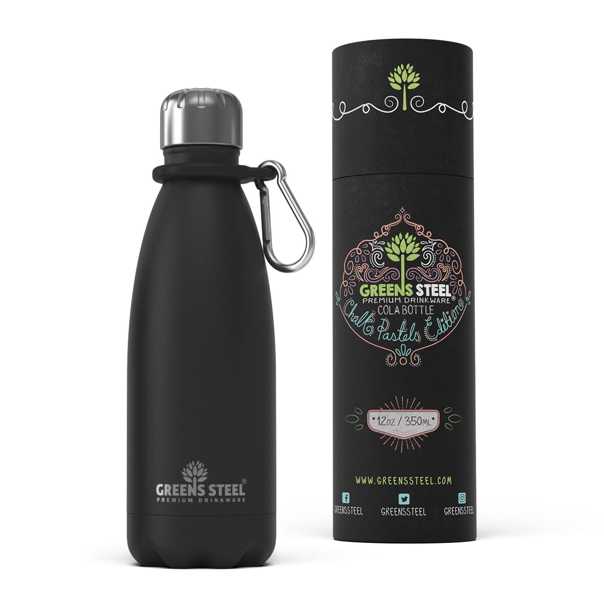Greens Steel Stainless Steel Water Bottle - 350ml, Black | Double Wall Vacuum Insulated Flask | Carier Holder & Gift Box Included | Reusable, Leak Proof Sports Bottle for Adults & Kids