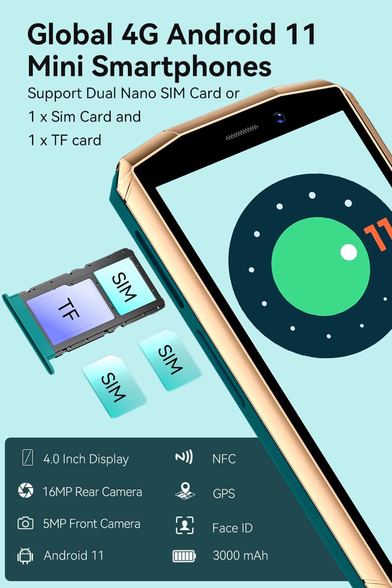 CUBOT Pocket 4.0 inch Mobile Phone, 4G Smartphone SIM Free Phones Unlocked, Android 11 Small Phone,16MP Camera,3000mAh,4GB+64GB/128GB Extension,Face ID/NFC/GPS (Green+Gold)