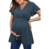 OUGES 2025 Womens Maternity Nursing Tops/Shirts Short Sleeve Wrap V Neck Tie Back Maternity Clothes