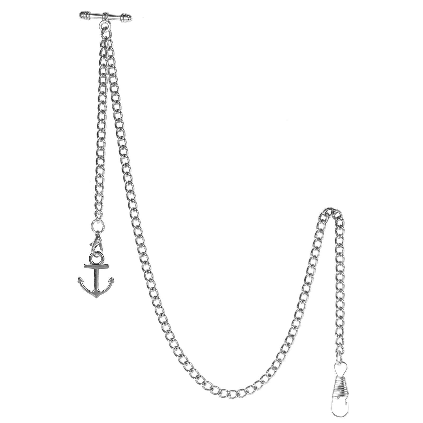 TREEWETO Pocket Watch Chain with T Bar End Albert T-Bar Pocket Watch Chain with Antique Anchor Pendant and 2 Hooks for Vest Buttonhole Silver