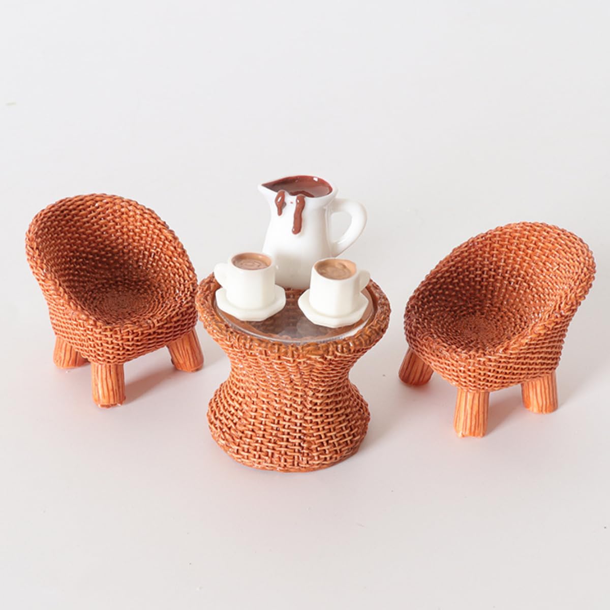KARLOR Miniatur Table Chairs Coffee Set, 6 Pcs Mini Furniture Set Artificial Bamboo Rattan Chair Table Coffee Pot 2 Cups Coffee Balcony Coffee Table Micro Landscape Scene Gnome Mini Garden Dekoration