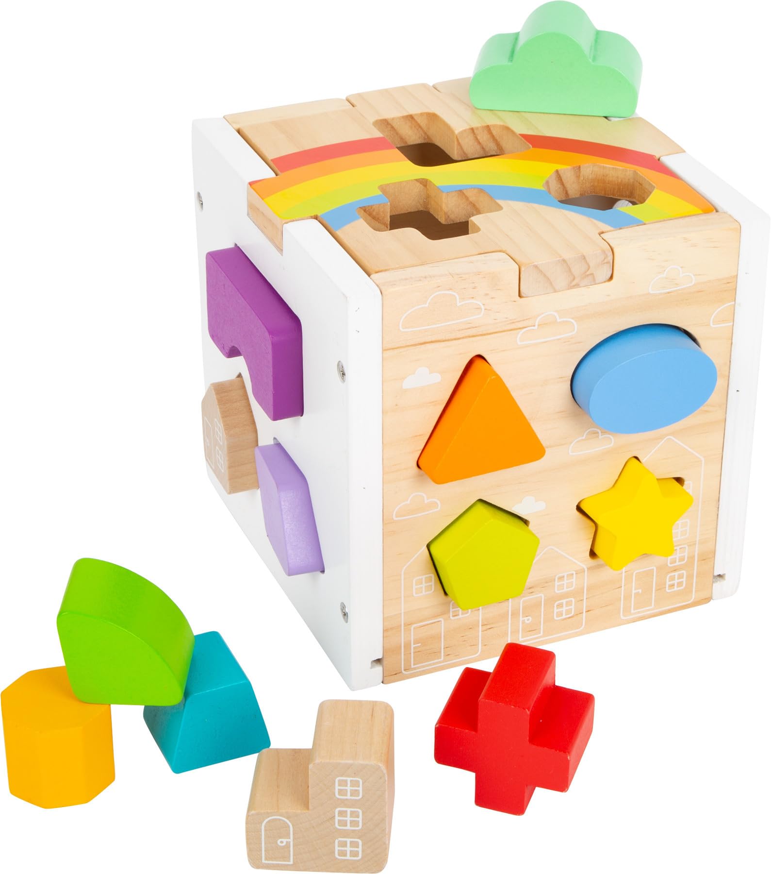Small Foot 11777 Rainbow Shape-Fitting Cube, 13 differently sized wooden insert elements, ages 12+ months
