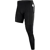 Roadbox Men's Basketball One Leg Tights, 1/2 Single Leg Compression Pants Sports Base Layer Leggings Underwear with Pockets