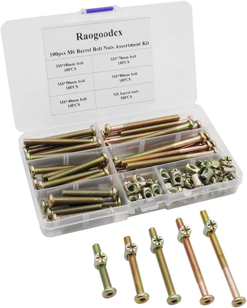 Raogoodcx 100Pcs M6 Barrel Nuts Bolts(6mm x 40mm, 6mm x 50mm, 6mm x 60mm, 6mm x 70mm