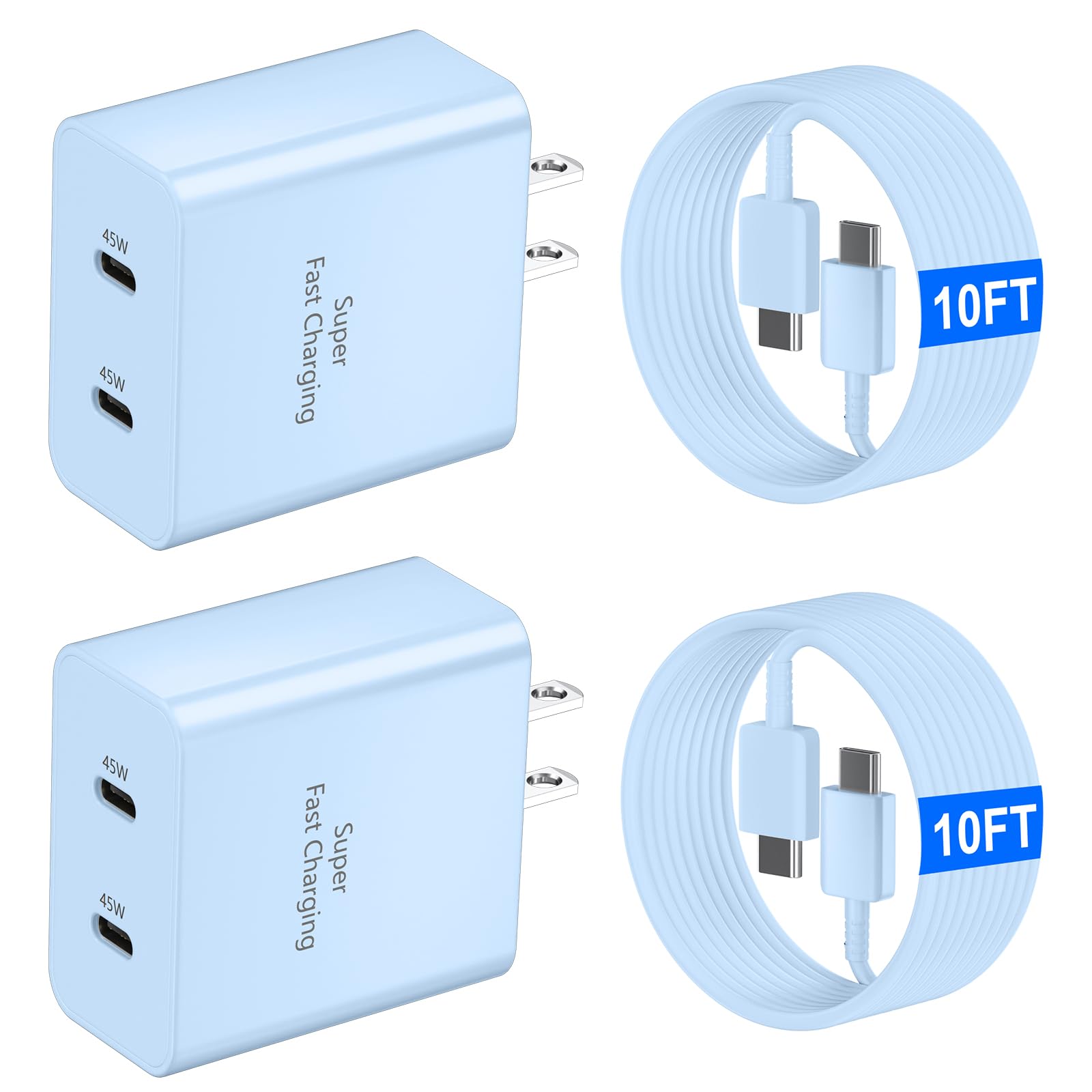 45W USB-C Super Fast Charger, 2-Port 45 Watt Type C Charger Fast Charging Block with 10FT USB C Cable Cord for Samsung Galaxy S26 Ultra/S26/S26 Plus/S26/S25 Ultra/S25/S24/S23 S22 S21 S20Ultra-Blue