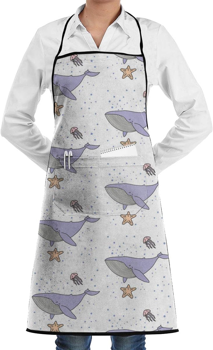 axdvxydy Aprons for Adult with Pockets Blue Whale Jelly Fish in Blue Sea for Home Kitchen Cooking Baking Garden