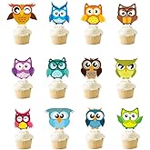 KHAIVI Owl Cupcake Toppers Party Supplies, Safari Jungle Animal Themed Party Cake Decorations for Kids (24pcs)