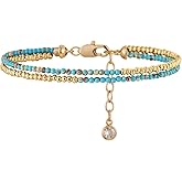 MYEARS Women Beaded Bracelet Gold Double Layer Gemstone 14K Simple Dainty Handmade Chain Everyday Boho Beach Jewelry