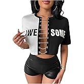 OYOANGLE Women's Sexy Graphic Two Tone Crop Tops Cut Out Chain Shirts Short Sleeve Rave Party Going Out Cropped Tee