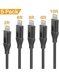 Lansen Charger Cables 5Pack 3FT 6FT 6FT 6FT 10FT to USB Syncing and Charging Cable Data Nylon Braided Cord Charger Compatible with iPhone X/8/8Plus/7Plus/6/6s/6Plus and more-Black Silver
