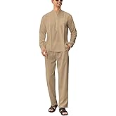 CUBECIRCLE Men's 2 Piece Set Long Sleeve Casual Henley Shirts Loose Pants Set Lounge Vacation Outfits Summer Beach Set