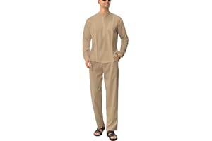 CUBECIRCLE Men's 2 Piece Set Long Sleeve Casual Henley Shirts Loose Pants Set Lounge Vacation Outfits Summer Beach Set
