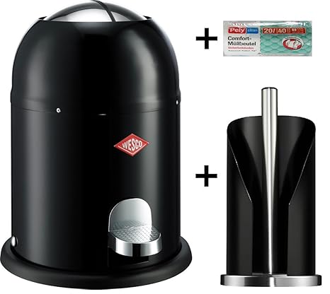 Wesco Single Master 9-Liter Mülleimer schwarz + Küchenrollenhalter schwarz + 40 Müllbeutel im Set