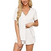 Anjue Pajamas for Women Soft Button Up Pajama Set Short Sleeve Shirt and Pajama Pants Lounge Sets S-XXL