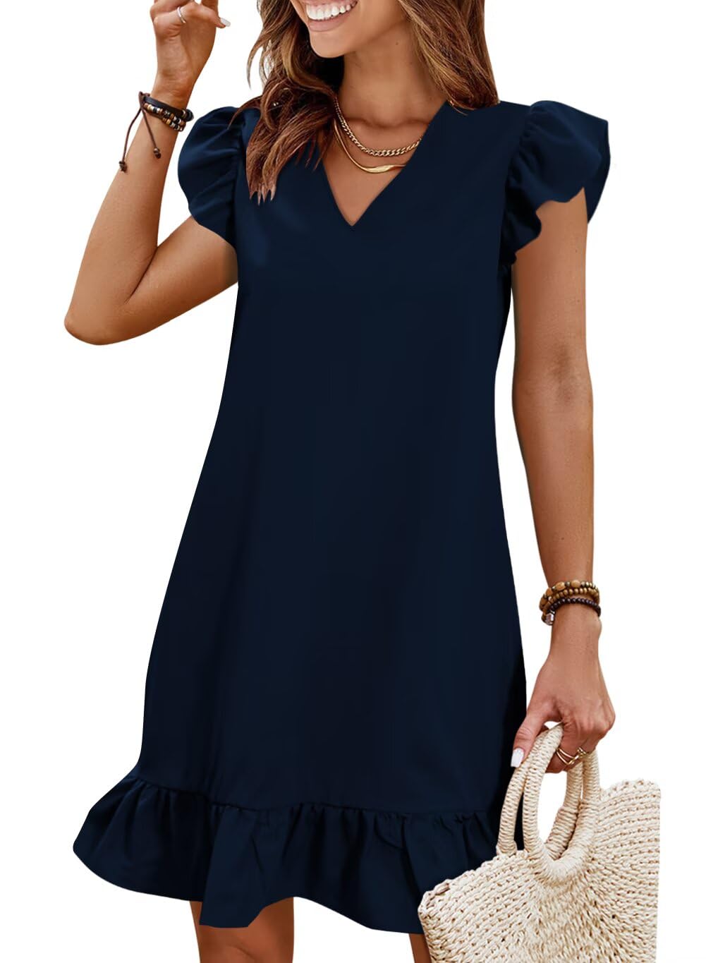 Photo 1 of QACOHU Summer Dresses for Women 2025 V Neck Cap Sleeve Ruffle Sexy Sundress A-Line Midi Dress Blue XL