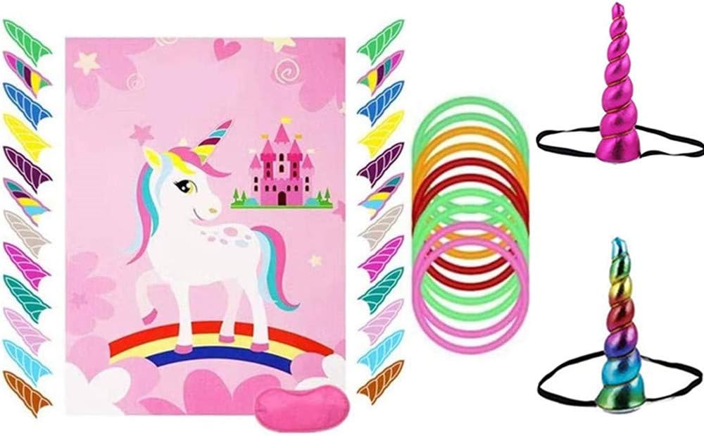 Party game Set- Ring Toss Game & (24 reusable horn stickers), Birthday party interactive games, Wall Decoration and party supplies, perfect party activities and birthday gifts