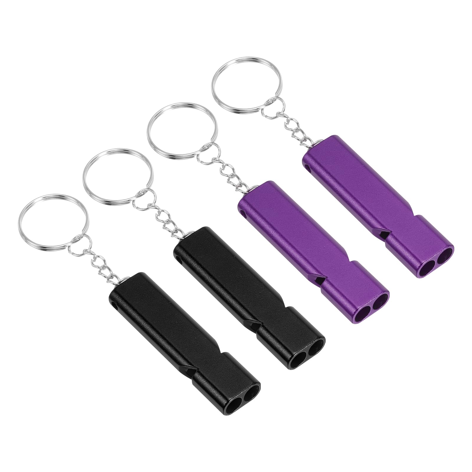 PATIKIL Emergency Whistle, 4 Pack Loud Sound Aluminum Keychain Whistles Outdoor Safety Survival Whistle for Camping Hiking, Black, Purple